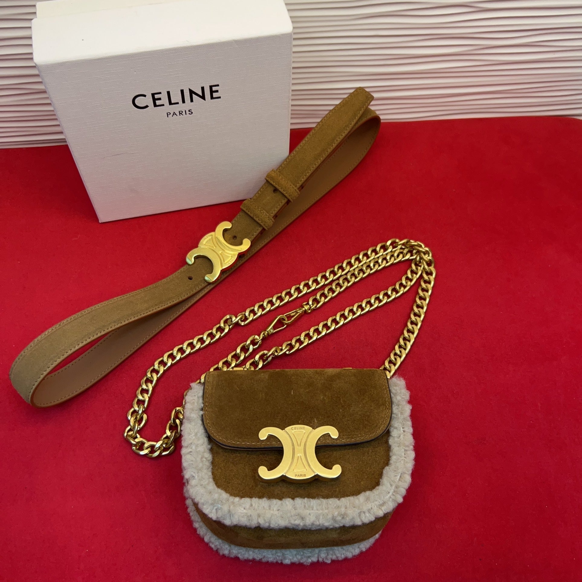 Celine Triomphe Mini Waist Bag Brown Suede Shearing 202746