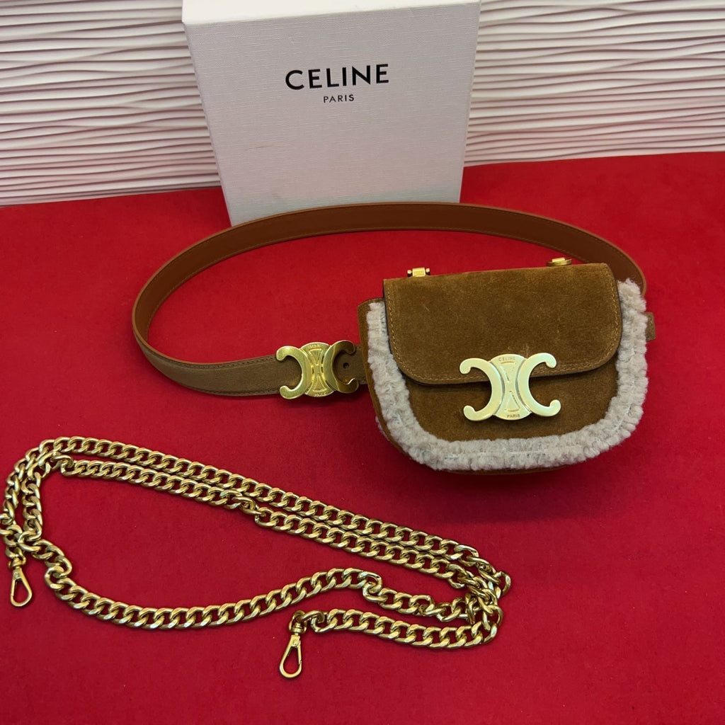 Celine Triomphe Mini Waist Bag Brown Suede Shearing 202746