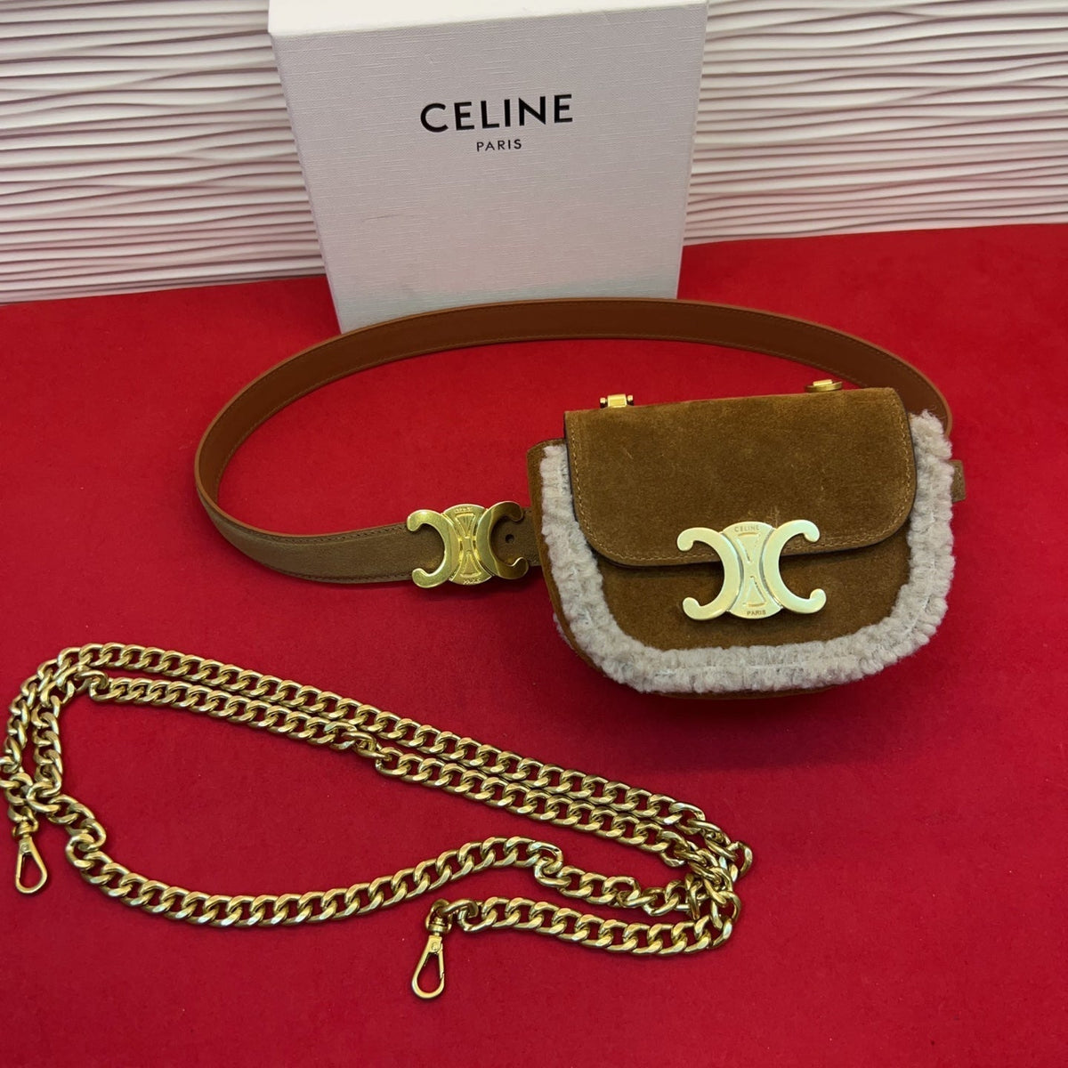 Celine Triomphe Mini Waist Bag Brown Suede Shearing 202746