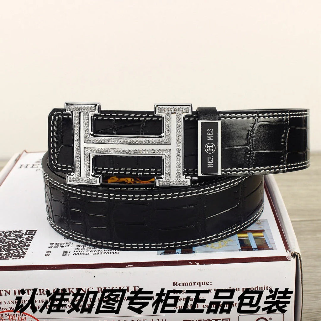 HM Original Belt 38mm Black Crocodile Pattern Sliver Buckle 620265