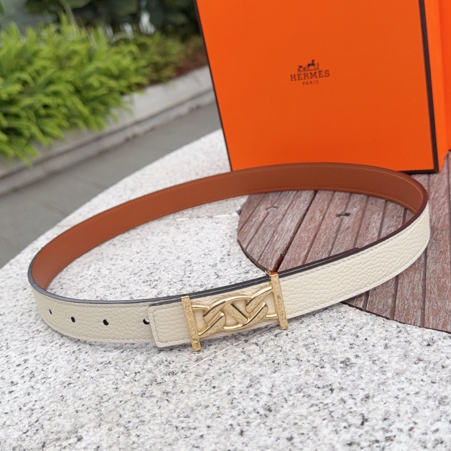 HM My H belt 2.5cm Ivory Gold Cowhide 202570