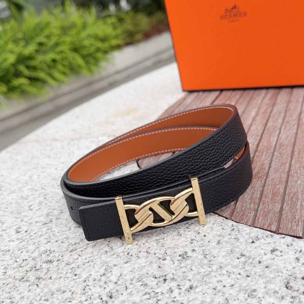 HM My H belt 2.5cm Black Gold Cowhide 202568