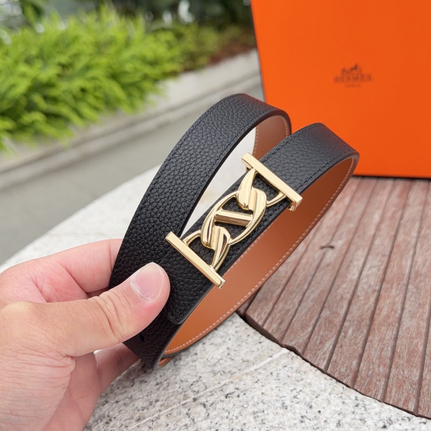 HM My H belt 2.5cm Black Gold Cowhide 202568