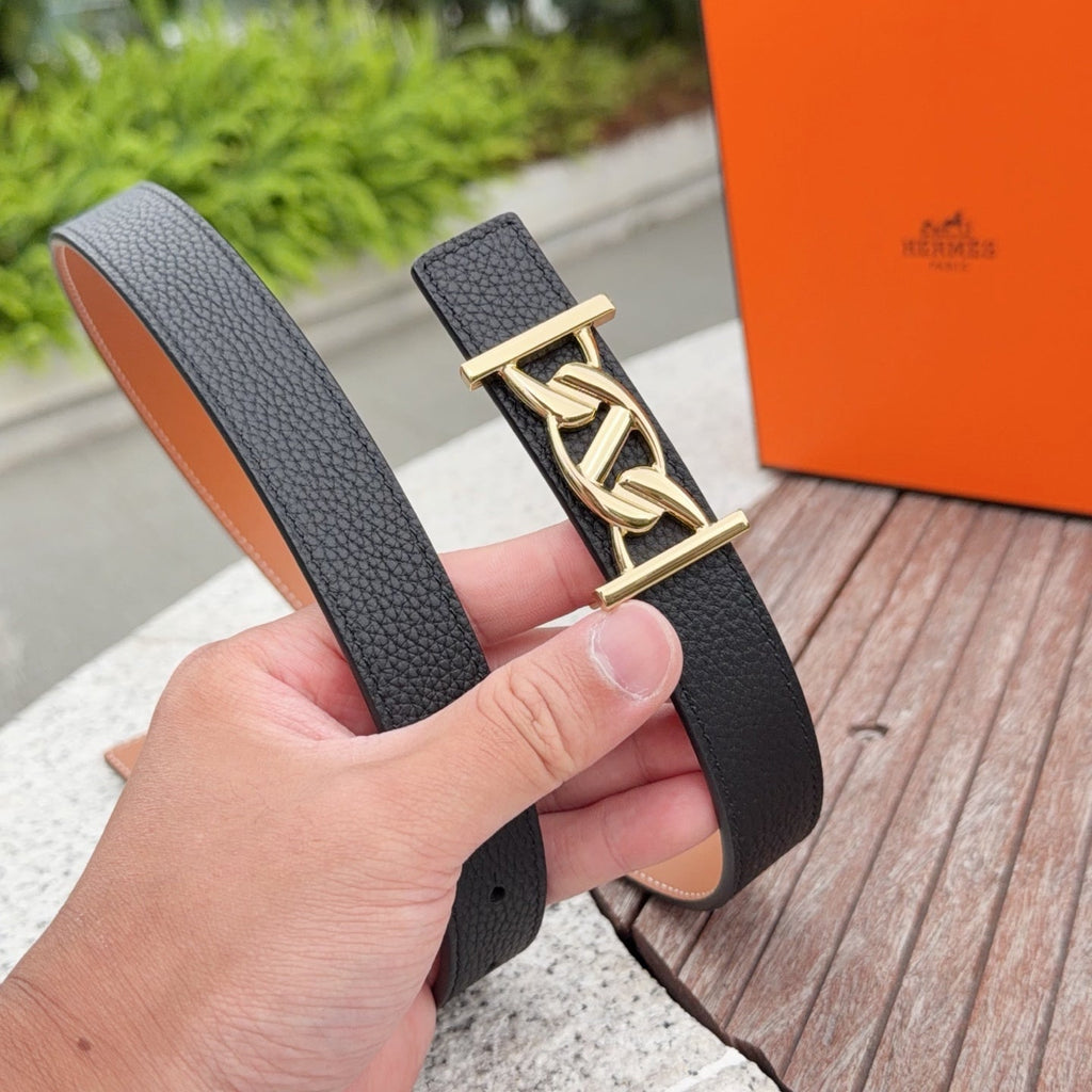 HM My H belt 2.5cm Black Gold Cowhide 202568
