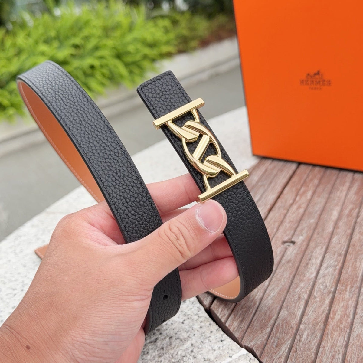HM My H belt 2.5cm Black Gold Cowhide 202568