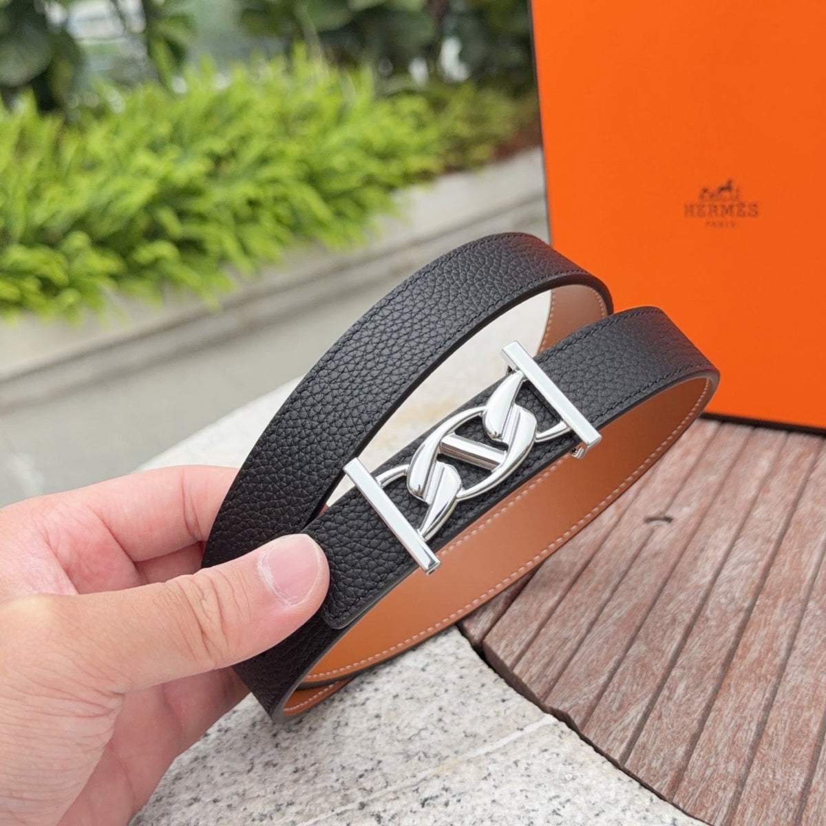 HM My H belt 2.5cm Black Sliver Cowhide 202567