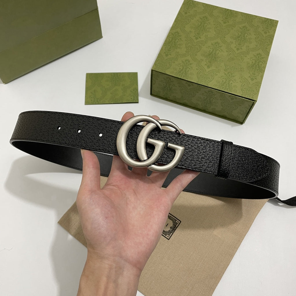 DOUBLE G SILVER BUCKLE 40MM BLACK LEATHER