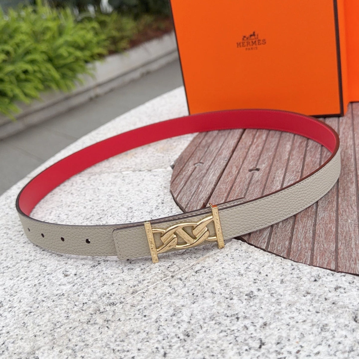 HM My H belt 2.5cm Taupe Gold Cowhide 202559