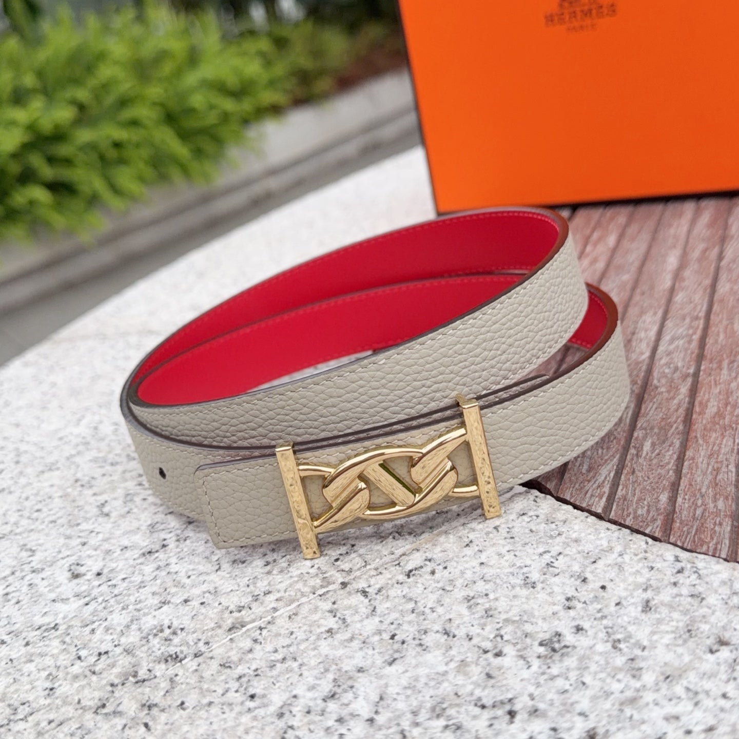 HM My H belt 2.5cm Taupe Gold Cowhide 202559