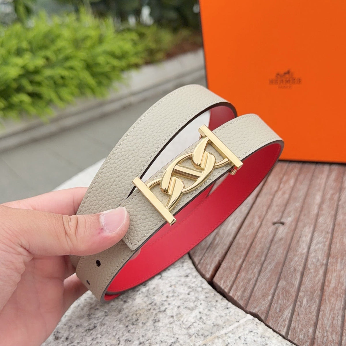 HM My H belt 2.5cm Taupe Gold Cowhide 202559
