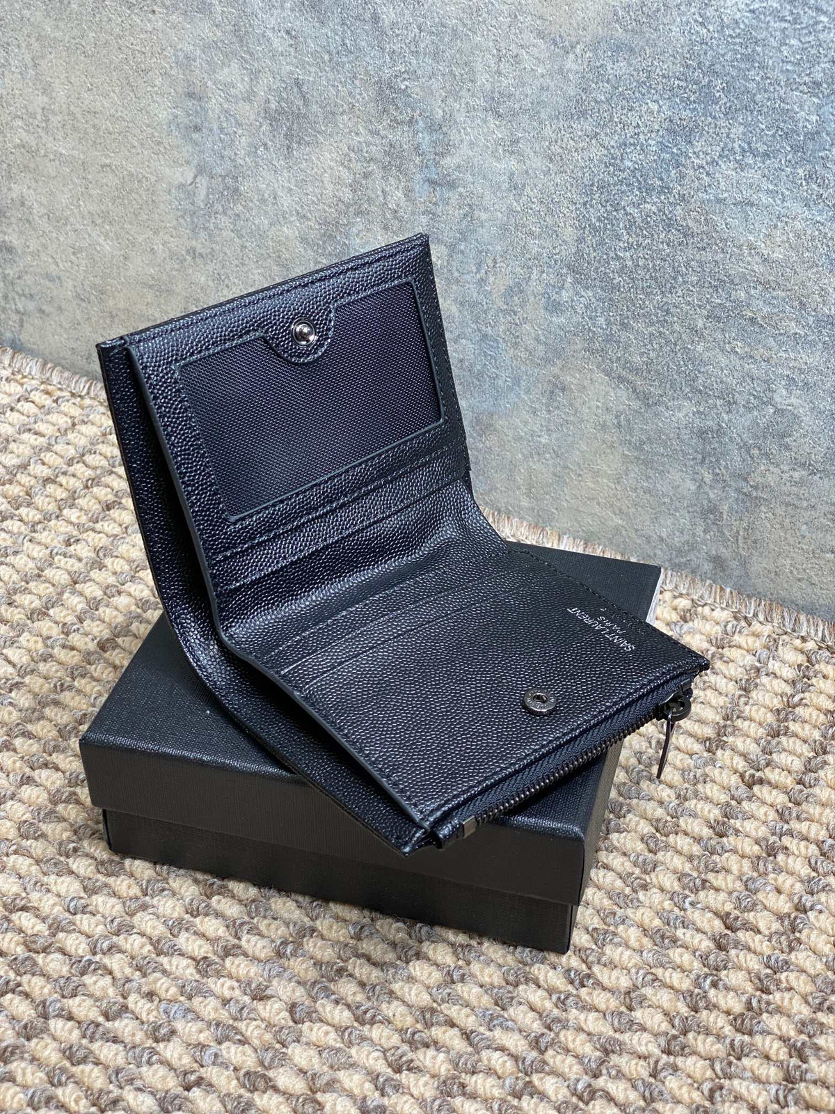 YSL Cassandre Matelassé Bi-Fold Wallet Full Black Caviar Cowhide