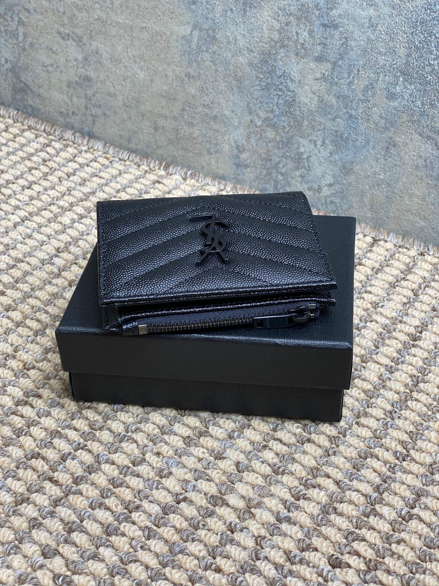 YSL Cassandre Matelassé Bi-Fold Wallet Full Black Caviar Cowhide