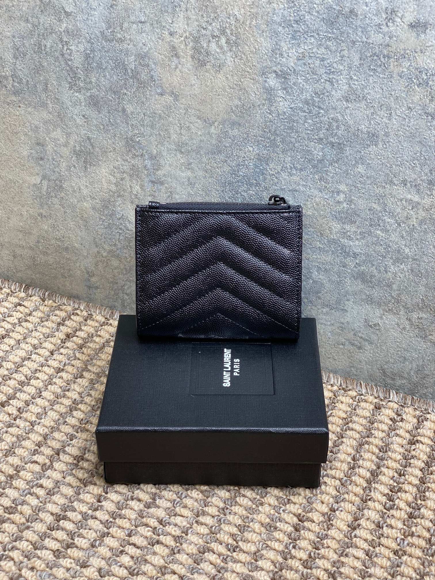 YSL Cassandre Matelassé Bi-Fold Wallet Full Black Caviar Cowhide