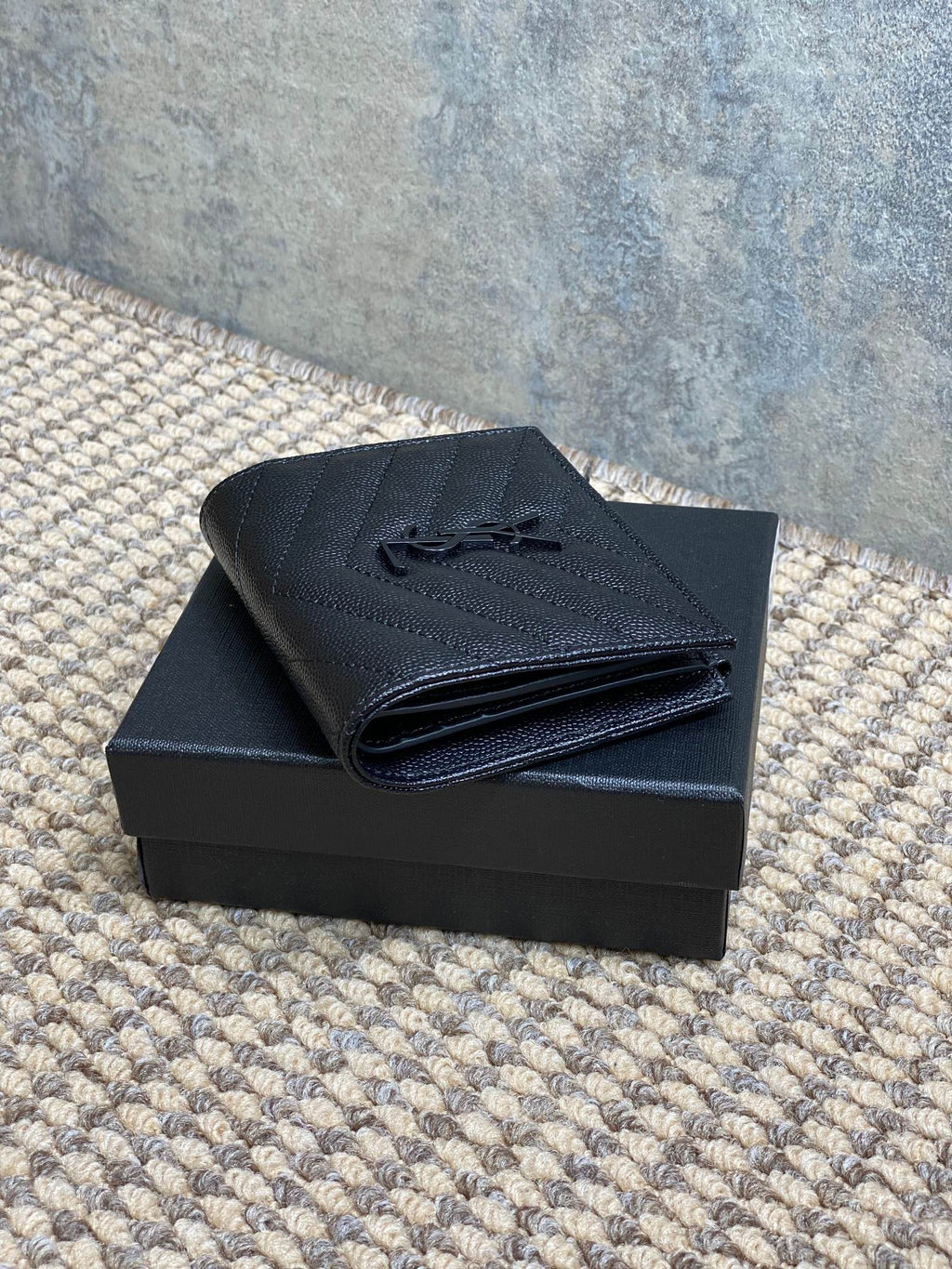 YSL Cassandre Matelassé Bi-Fold Wallet Full Black Caviar Cowhide