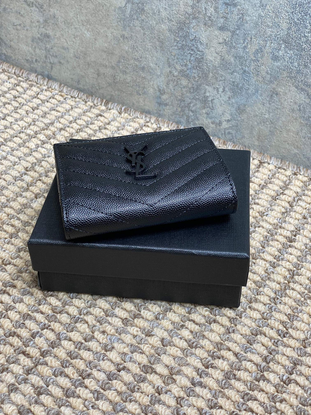 YSL Cassandre Matelassé Bi-Fold Wallet Full Black Caviar Cowhide