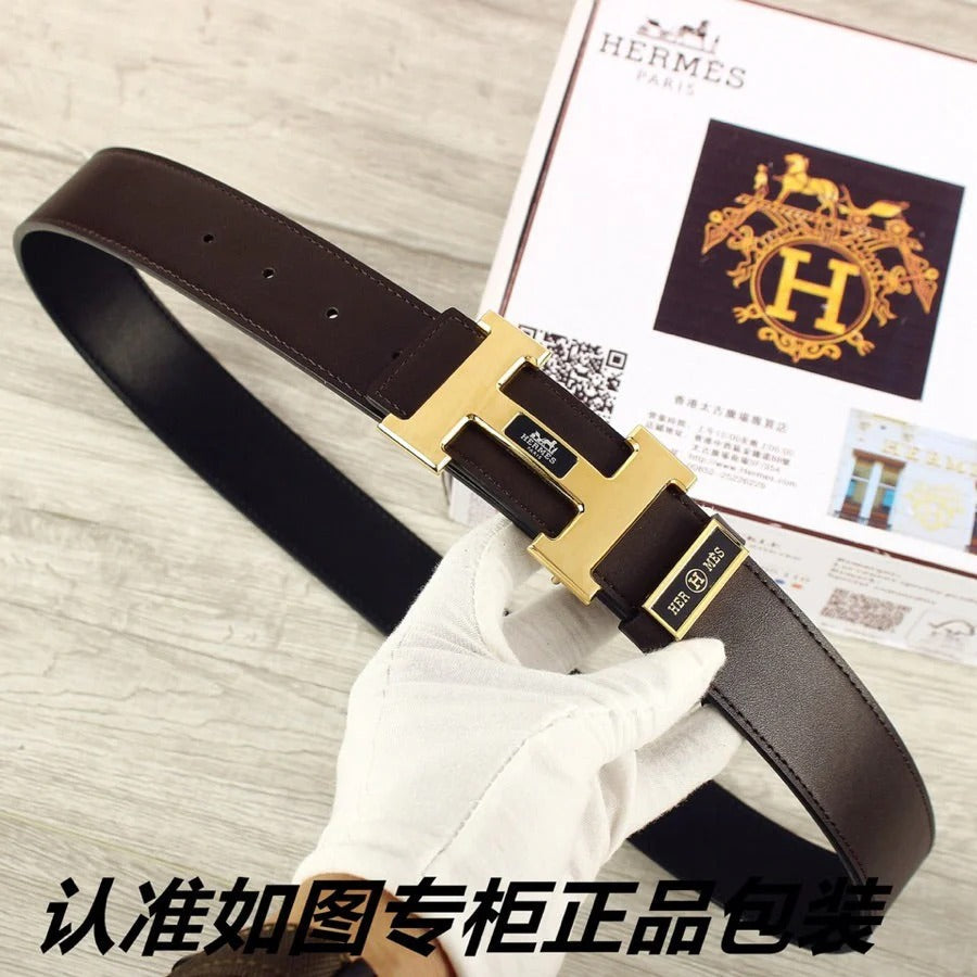 HM Double-sided Belt 38mm Black Cowhide Gold Buckle 620361