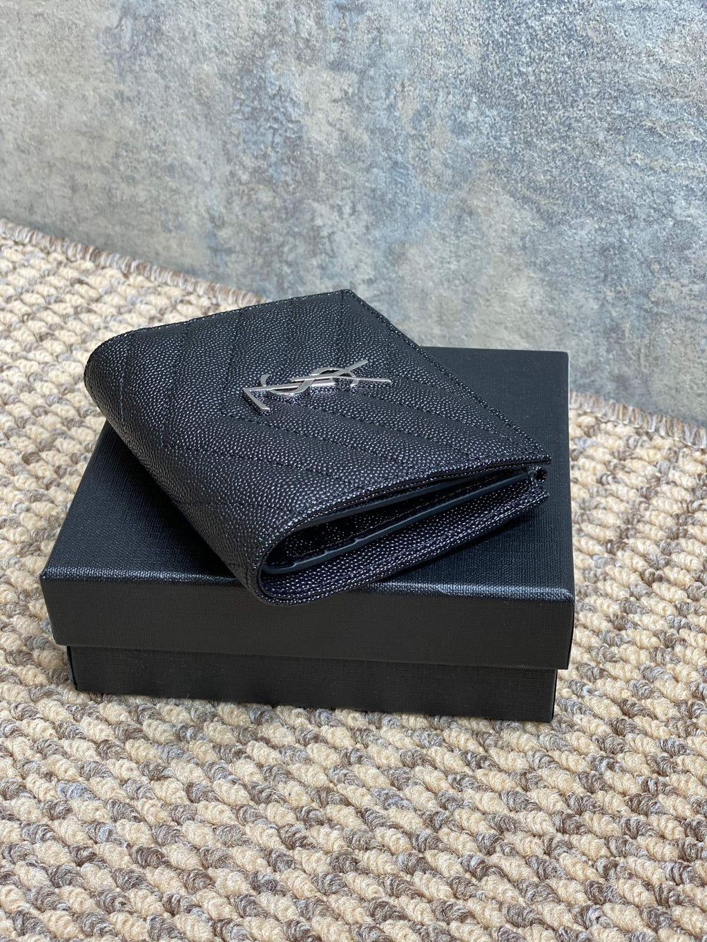 YSL Cassandre Matelassé Bi-Fold Wallet Black Caviar Cowhide Sliver HW