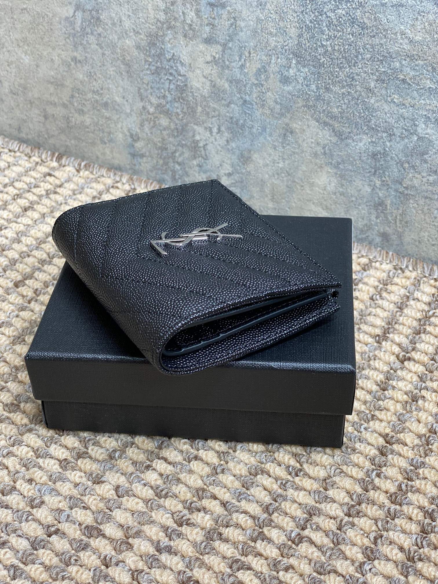YSL Cassandre Matelassé Bi-Fold Wallet Black Caviar Cowhide Sliver HW