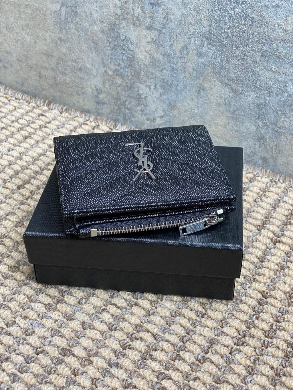 YSL Cassandre Matelassé Bi-Fold Wallet Black Caviar Cowhide Sliver HW