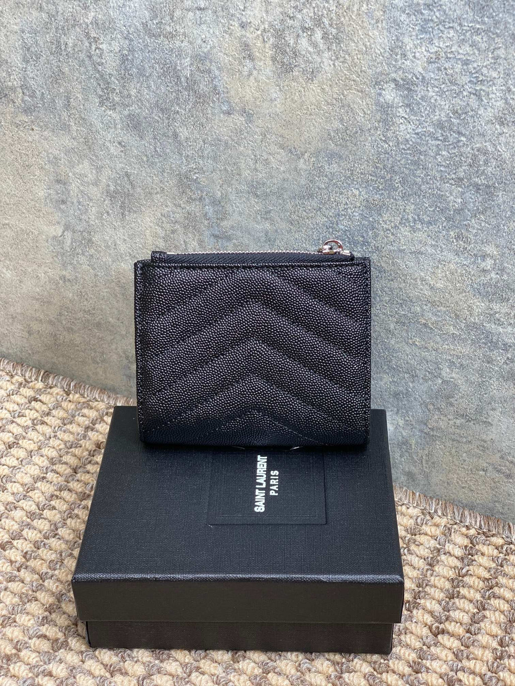 YSL Cassandre Matelassé Bi-Fold Wallet Black Caviar Cowhide Sliver HW
