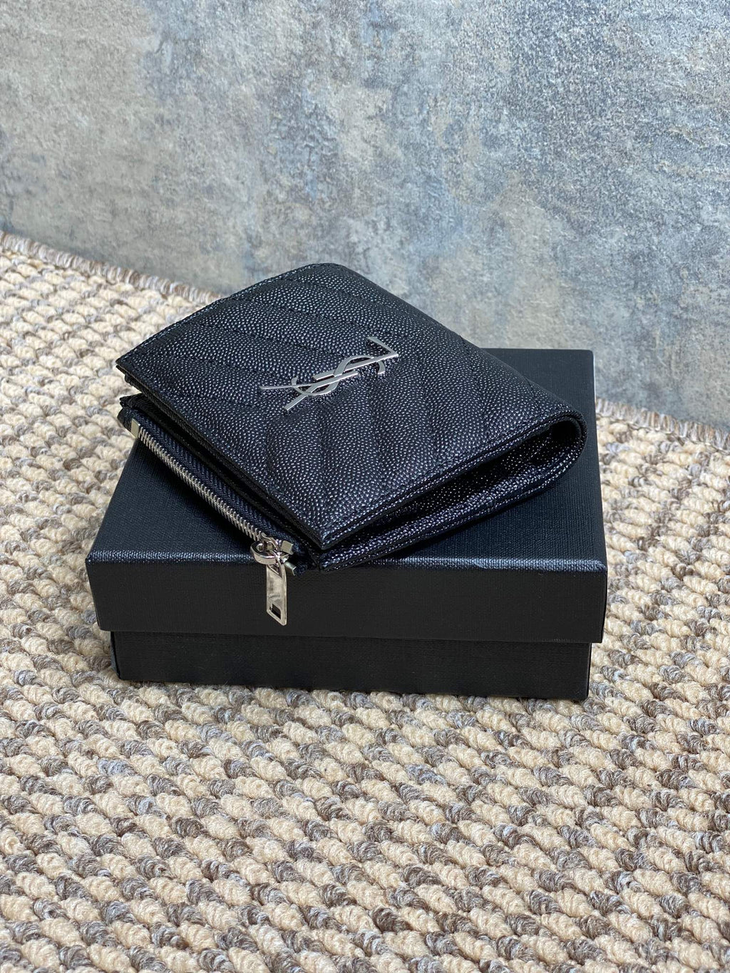 YSL Cassandre Matelassé Bi-Fold Wallet Black Caviar Cowhide Sliver HW