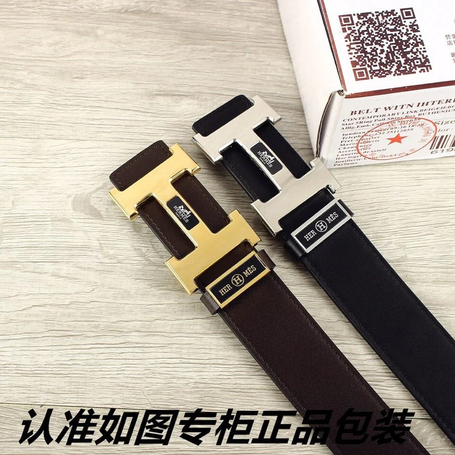 HM Double-sided Belt 38mm Black Cowhide Gold Buckle 620361