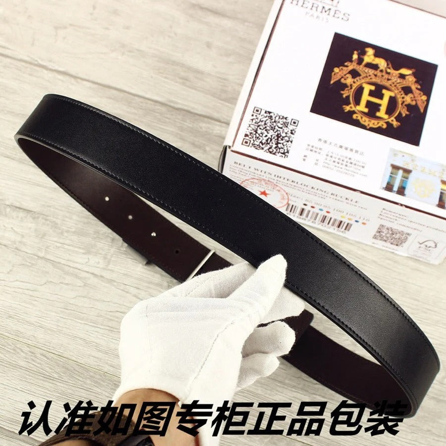 HM Double-sided Belt 38mm Black Cowhide Sliver Buckle 620362