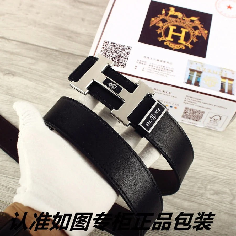 HM Double-sided Belt 38mm Black Cowhide Sliver Buckle 620362
