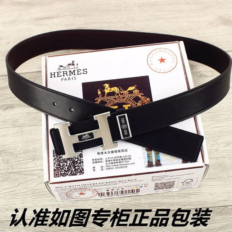 HM Double-sided Belt 38mm Black Cowhide Sliver Buckle 620362