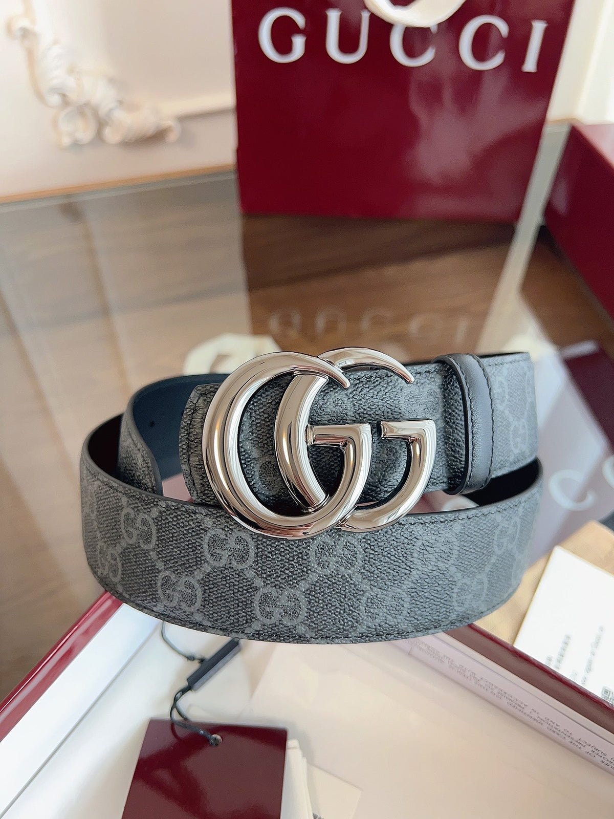 Gucci Belt Double G Blunt Copper Buckle 40mm Slate Gray Leather Canvas