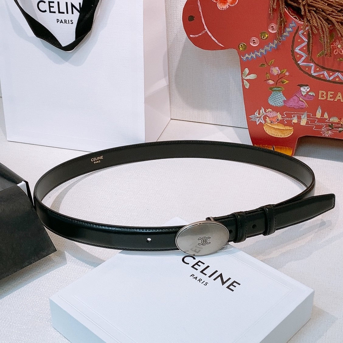 Celine Triomphe Oval Belt 2.5cm Black Sliver Calfskin 203772