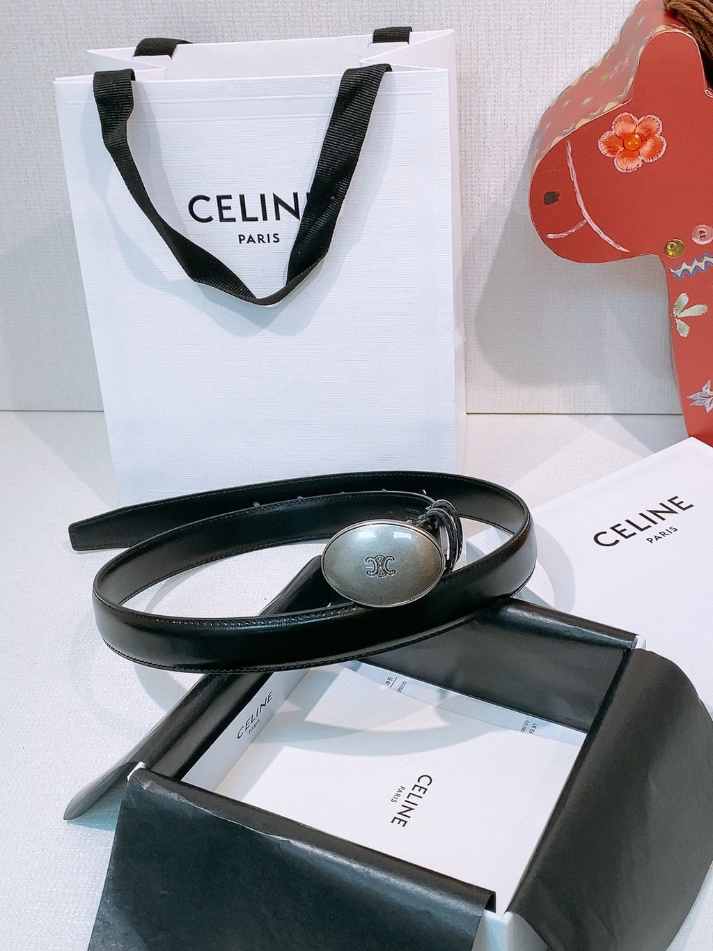 Celine Triomphe Oval Belt 2.5cm Black Sliver Calfskin 203772
