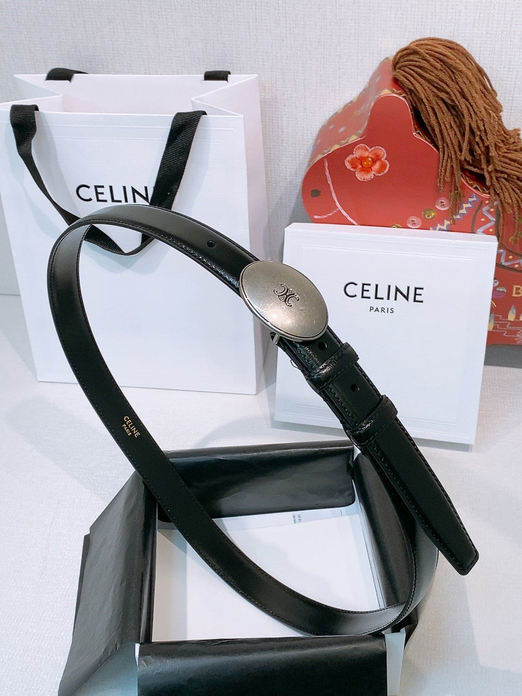 Celine Triomphe Oval Belt 2.5cm Black Sliver Calfskin 203772