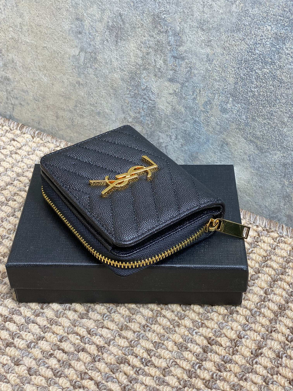 YSL Cassandre Matelassé Compact Zip-Around Wallet Black Caviar Cowhide GHW
