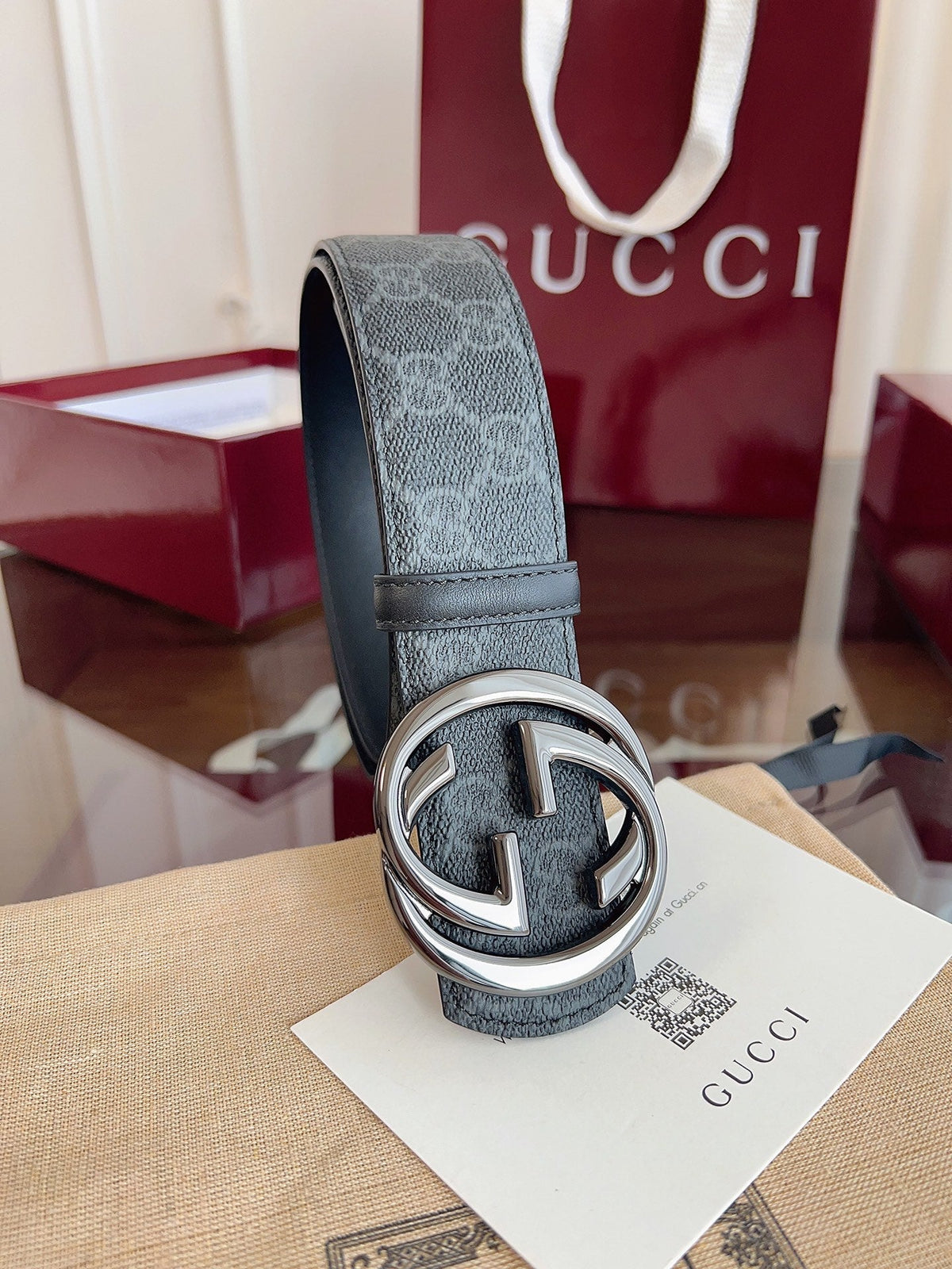 Gucci Supreme Belt Blunt Copper Buckle 40mm Slate Gray Leather Canvas