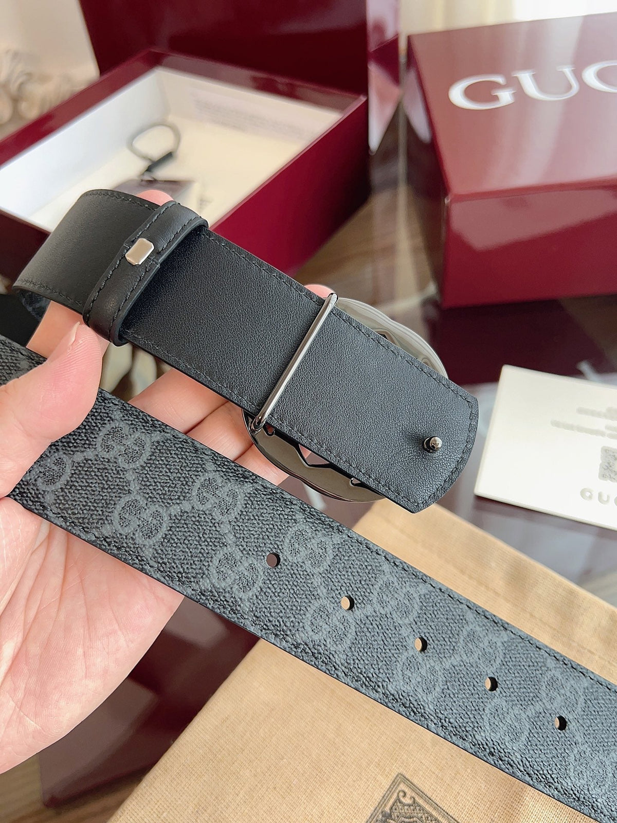 Gucci Supreme Belt Blunt Copper Buckle 40mm Slate Gray Leather Canvas