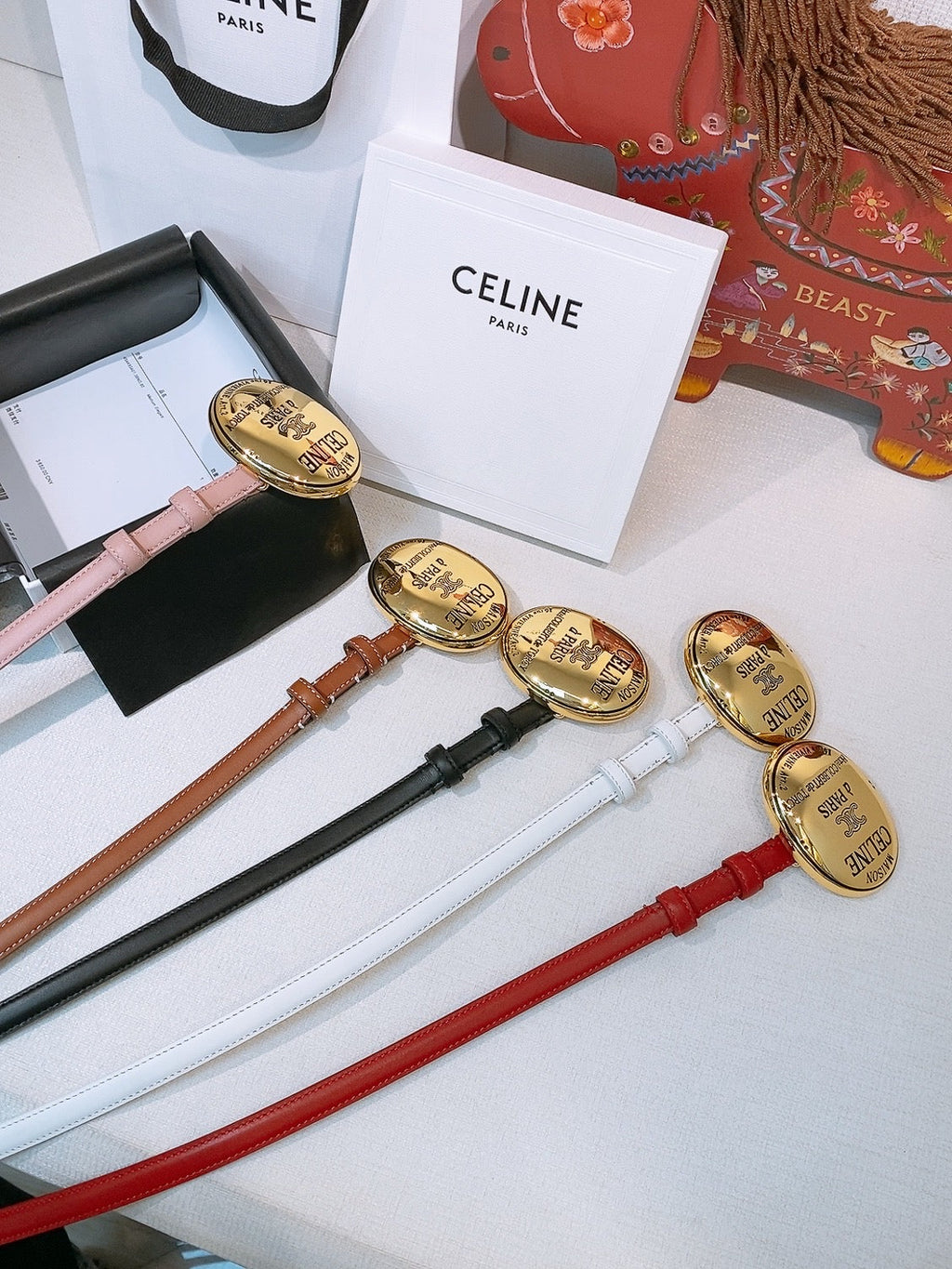 Celine Teen Maison Belt 1.3cm Light Pink Gold Calfskin 203748