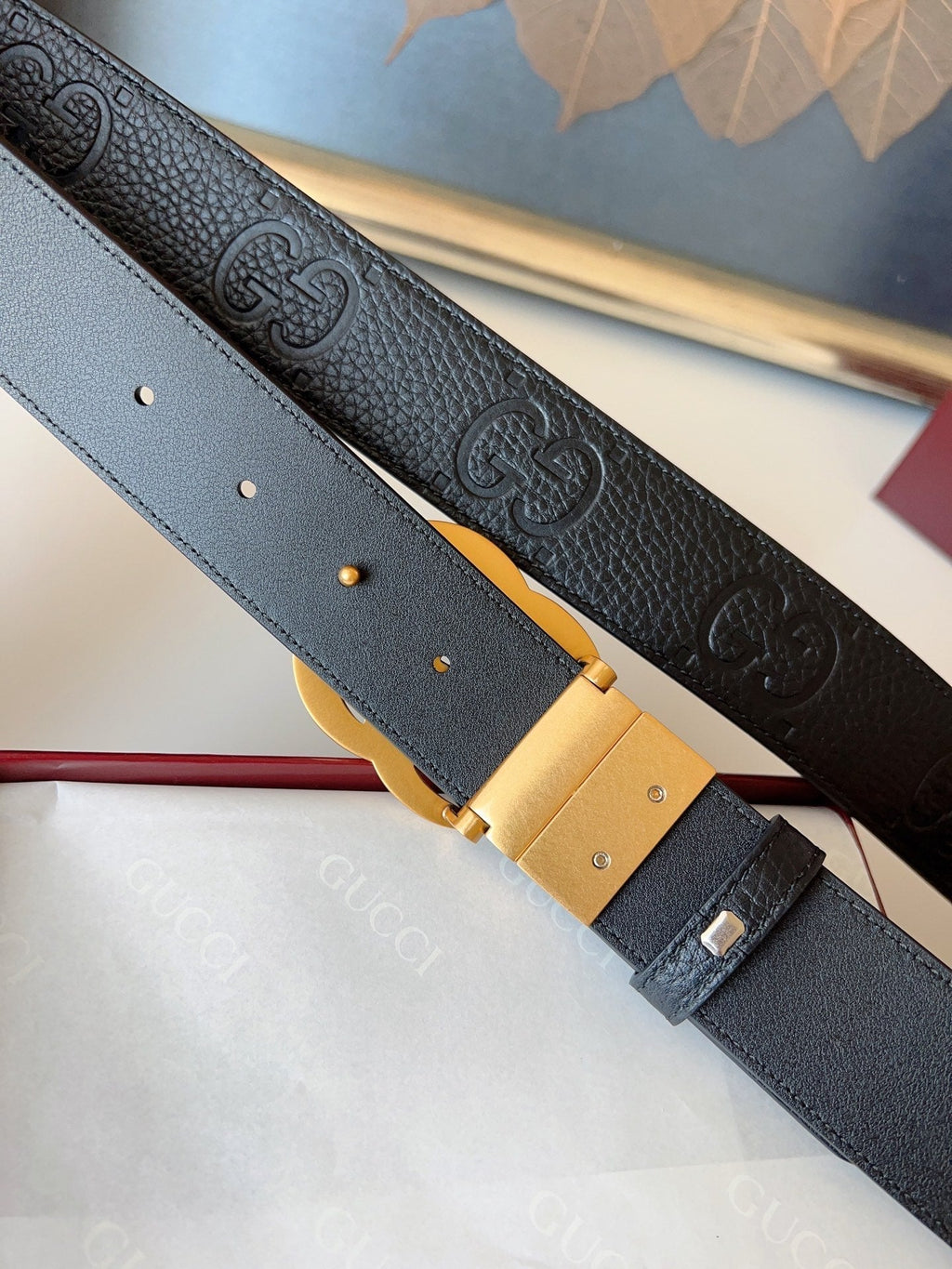 DOUBLE G MARMONT GOLD BUCKLE 37MM BLACK  EMBOSSED LEATHER