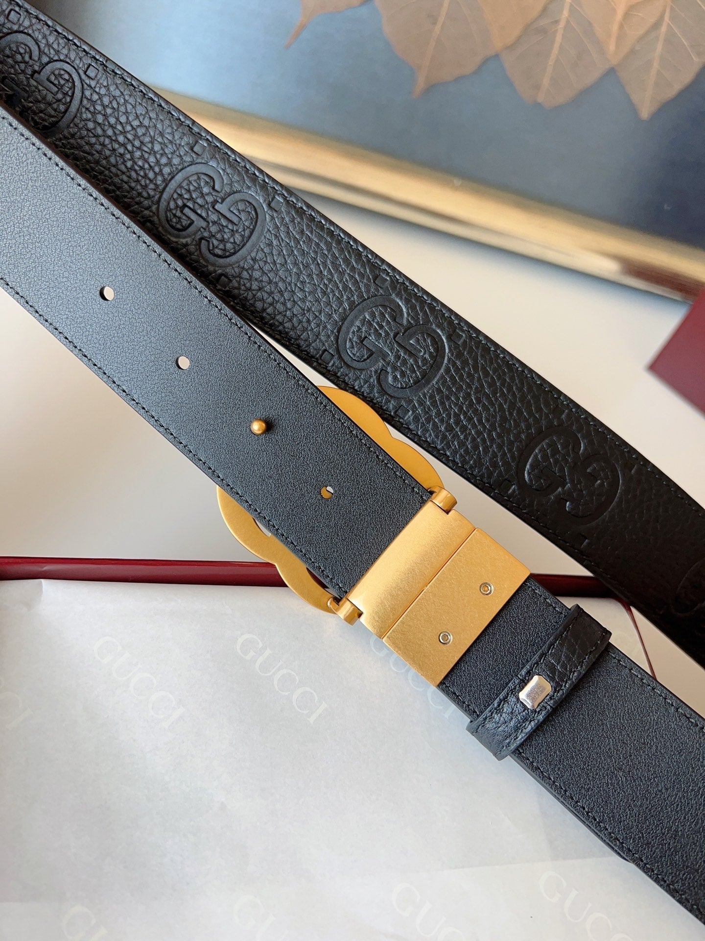DOUBLE G MARMONT GOLD BUCKLE 37MM BLACK  EMBOSSED LEATHER