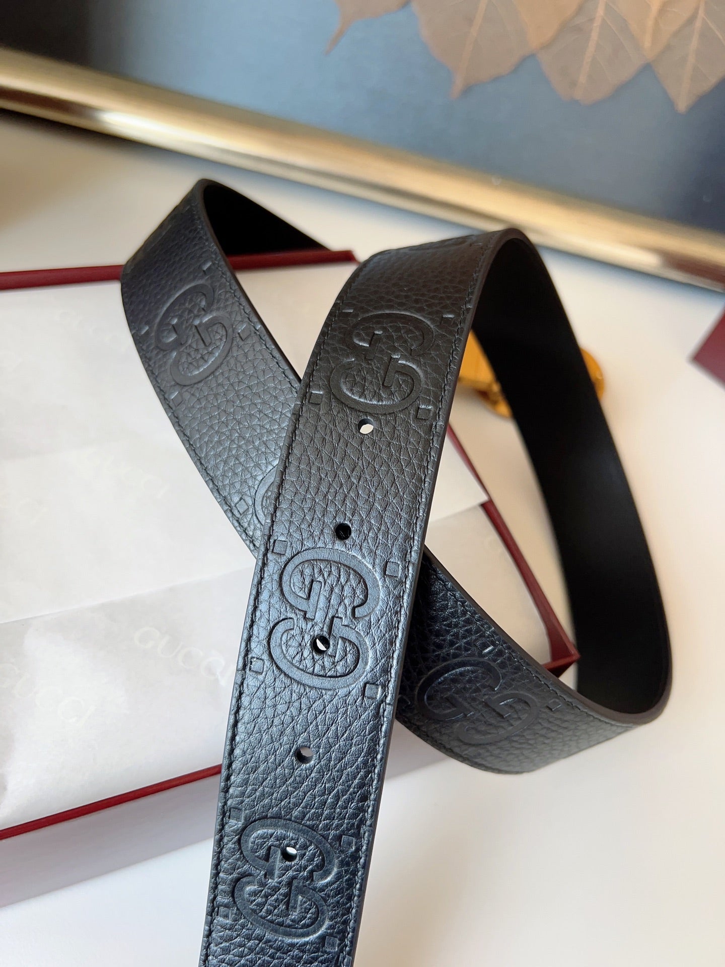 DOUBLE G MARMONT GOLD BUCKLE 37MM BLACK  EMBOSSED LEATHER