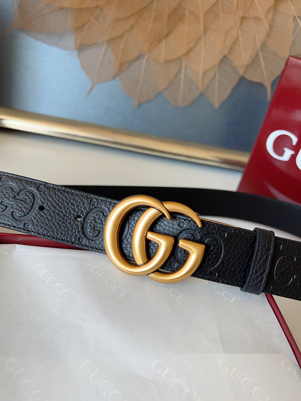 DOUBLE G MARMONT GOLD BUCKLE 37MM BLACK  EMBOSSED LEATHER