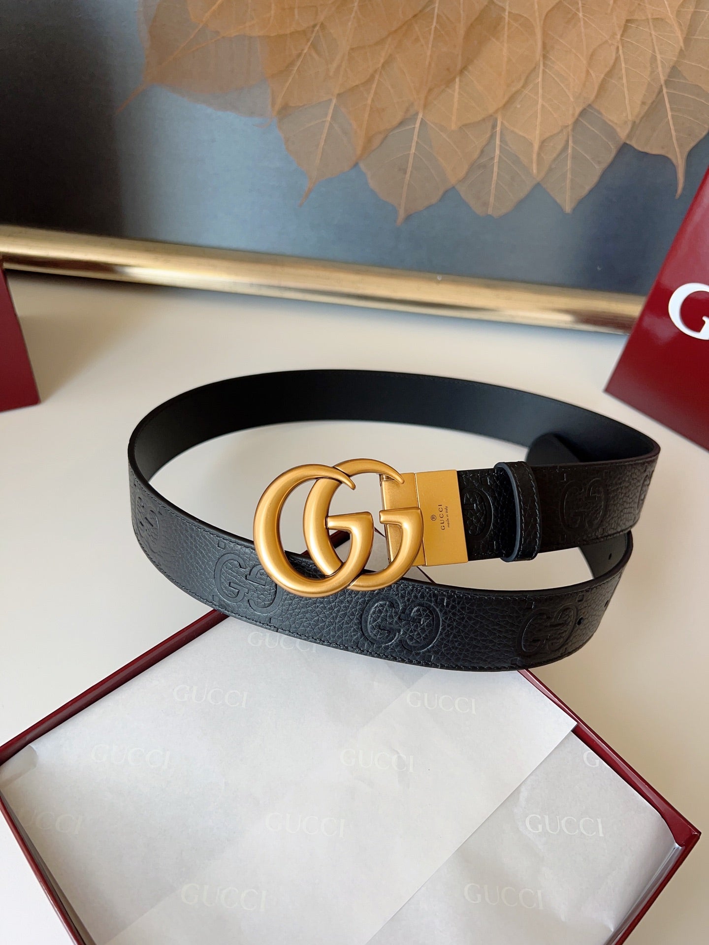 DOUBLE G MARMONT GOLD BUCKLE 37MM BLACK  EMBOSSED LEATHER