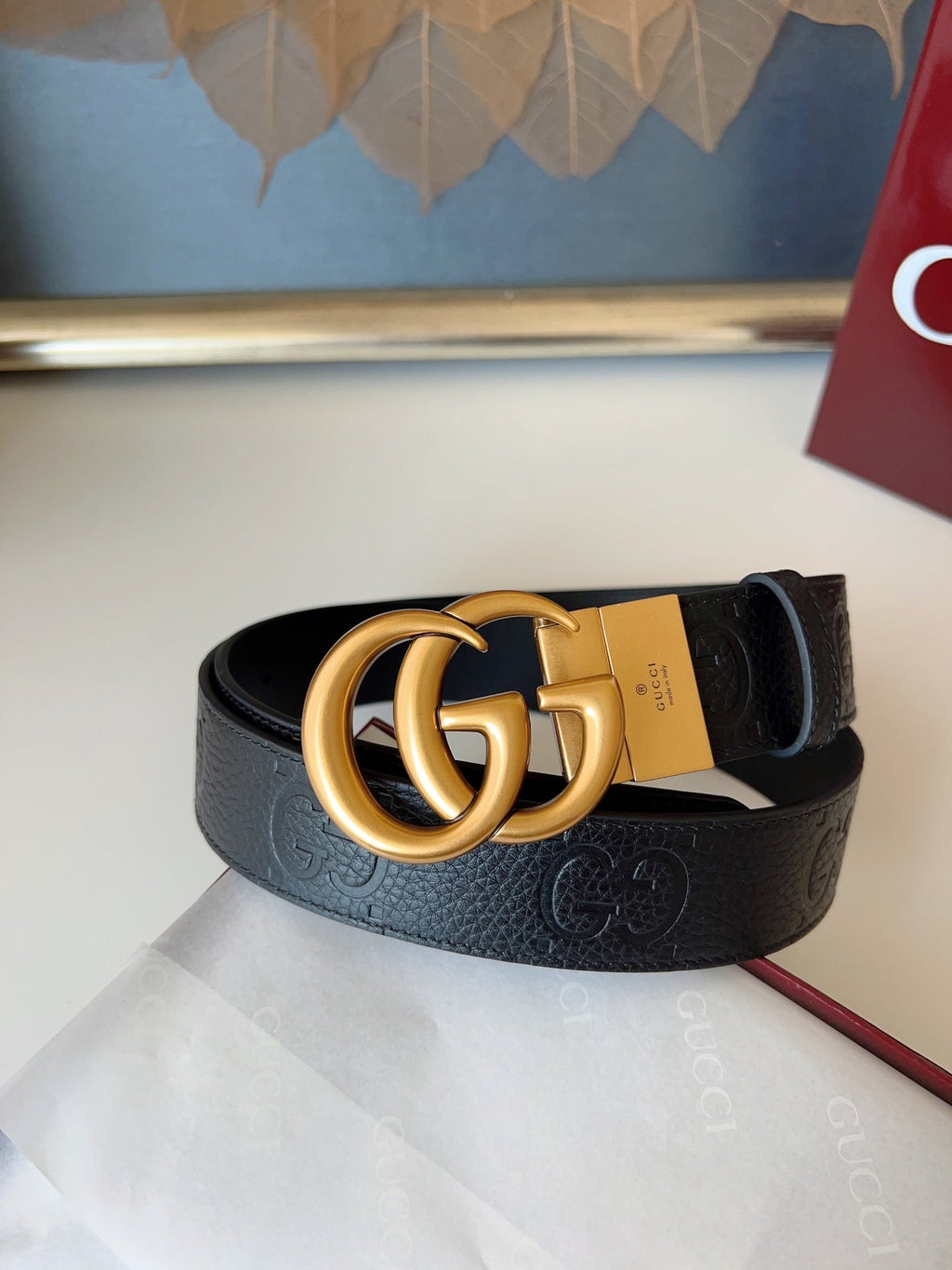 DOUBLE G MARMONT GOLD BUCKLE 37MM BLACK  EMBOSSED LEATHER