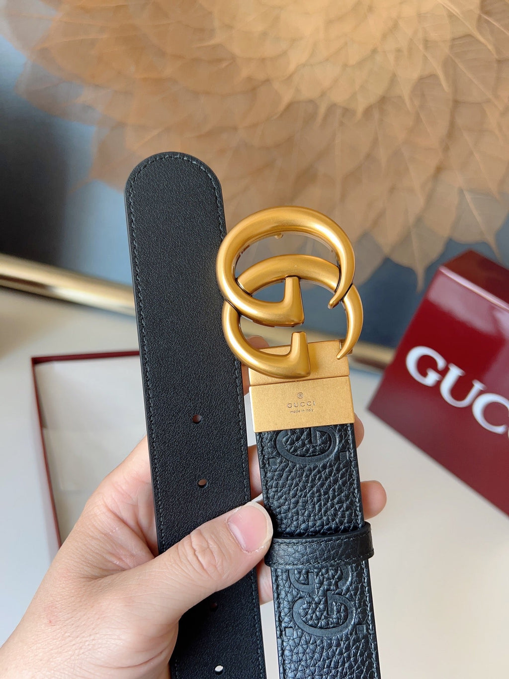 DOUBLE G MARMONT GOLD BUCKLE 37MM BLACK  EMBOSSED LEATHER
