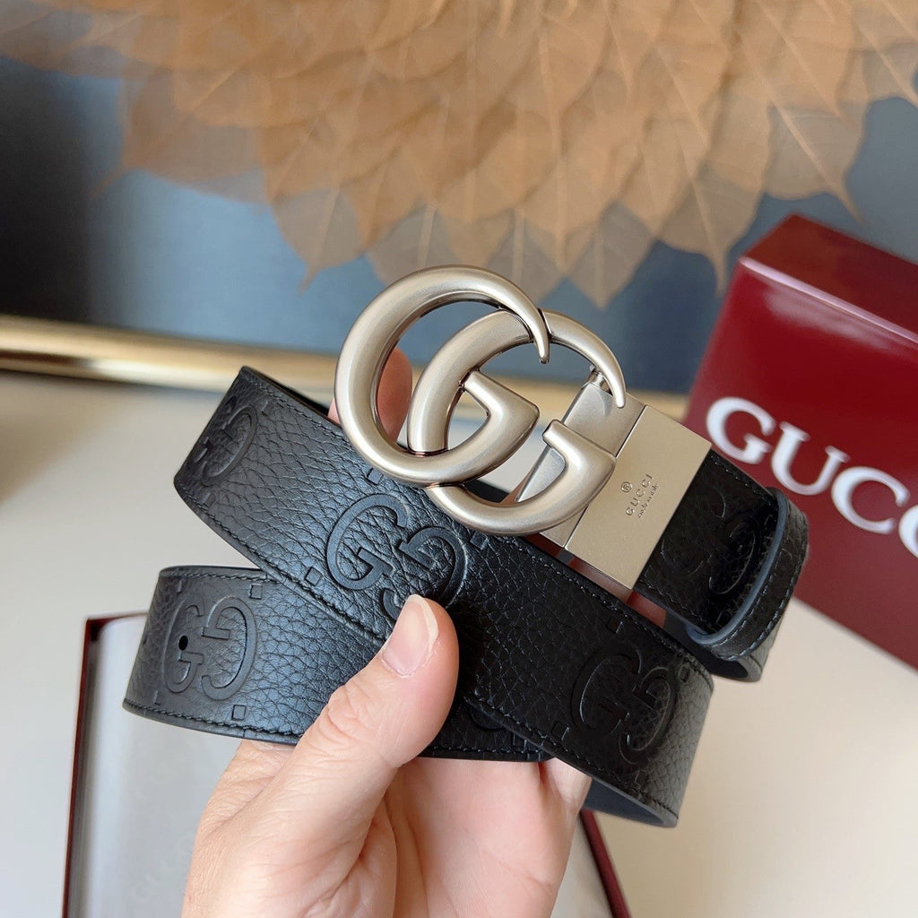 DOUBLE G MARMONT SLIVER BUCKLE 37MM BLACK  EMBOSSED LEATHER