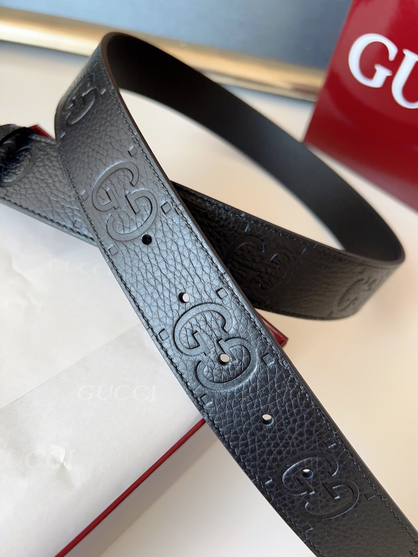 DOUBLE G MARMONT SLIVER BUCKLE 37MM BLACK  EMBOSSED LEATHER