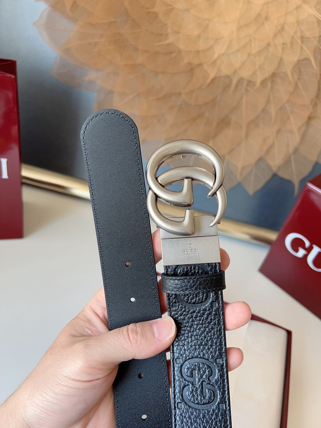 DOUBLE G MARMONT SLIVER BUCKLE 37MM BLACK  EMBOSSED LEATHER