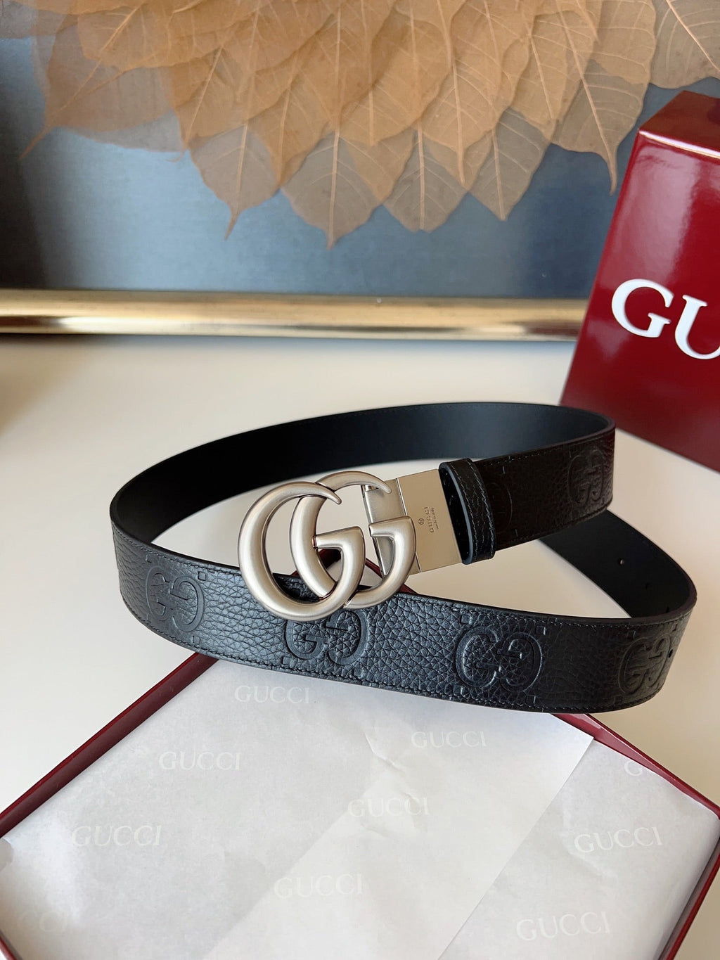 DOUBLE G MARMONT SLIVER BUCKLE 37MM BLACK  EMBOSSED LEATHER