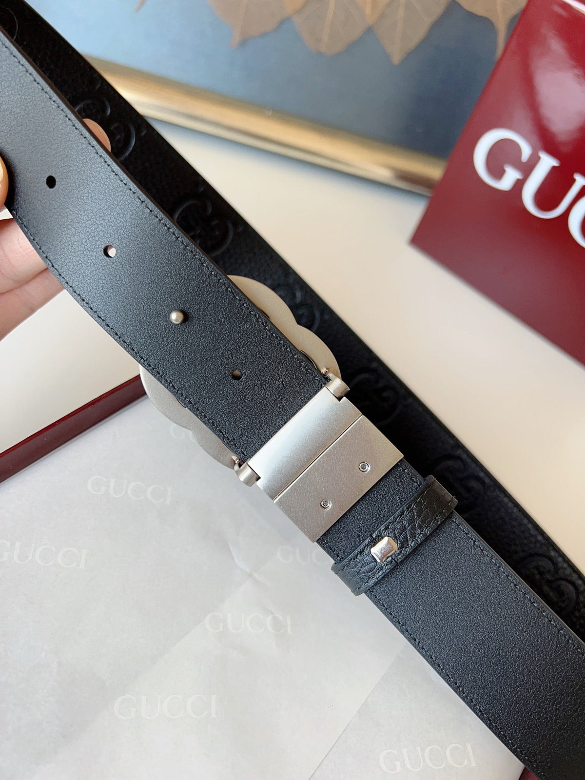DOUBLE G MARMONT SLIVER BUCKLE 37MM BLACK  EMBOSSED LEATHER