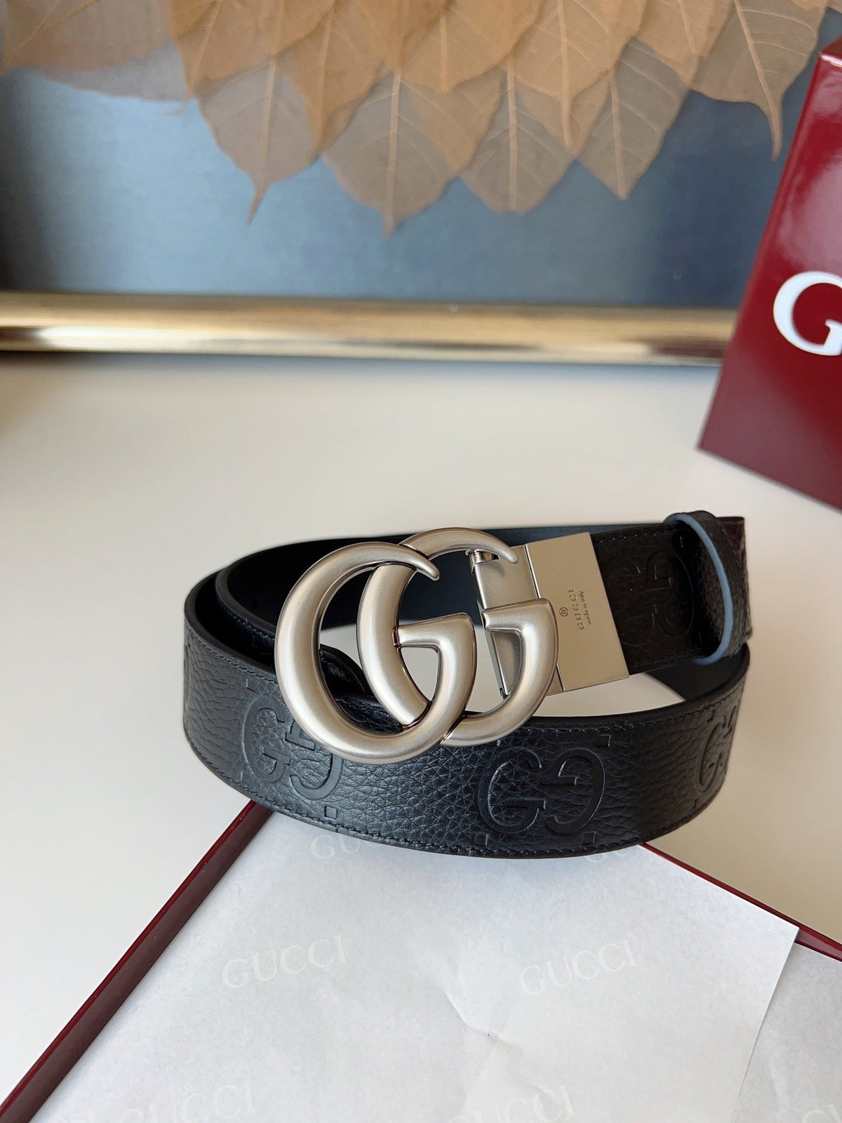 DOUBLE G MARMONT SLIVER BUCKLE 37MM BLACK  EMBOSSED LEATHER
